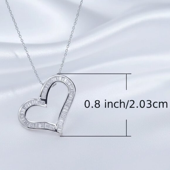Open Heart Simulated Baguette Moissanite Silver Pendant Necklace NWOT - Picture 3 of 9